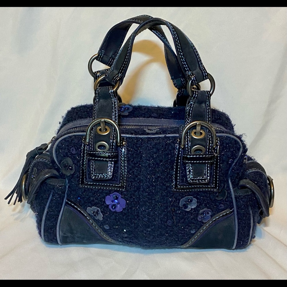 Coach Soho Tweed Boucle Wool Flowers Sequins Midnight Blue Satchel